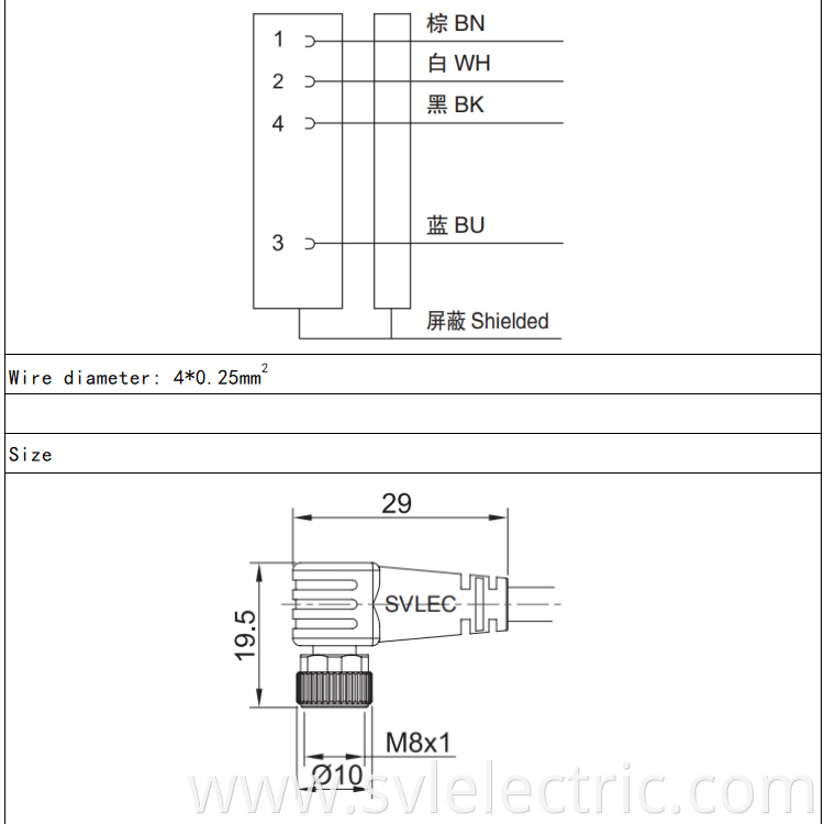 M8 female angle connector 4 pin size